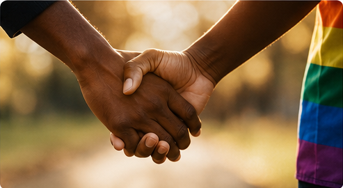 Two Black people holding hands beside a Pride flag, representing trust and safety.