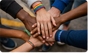 Diverse community members placing their hands together in solidarity.