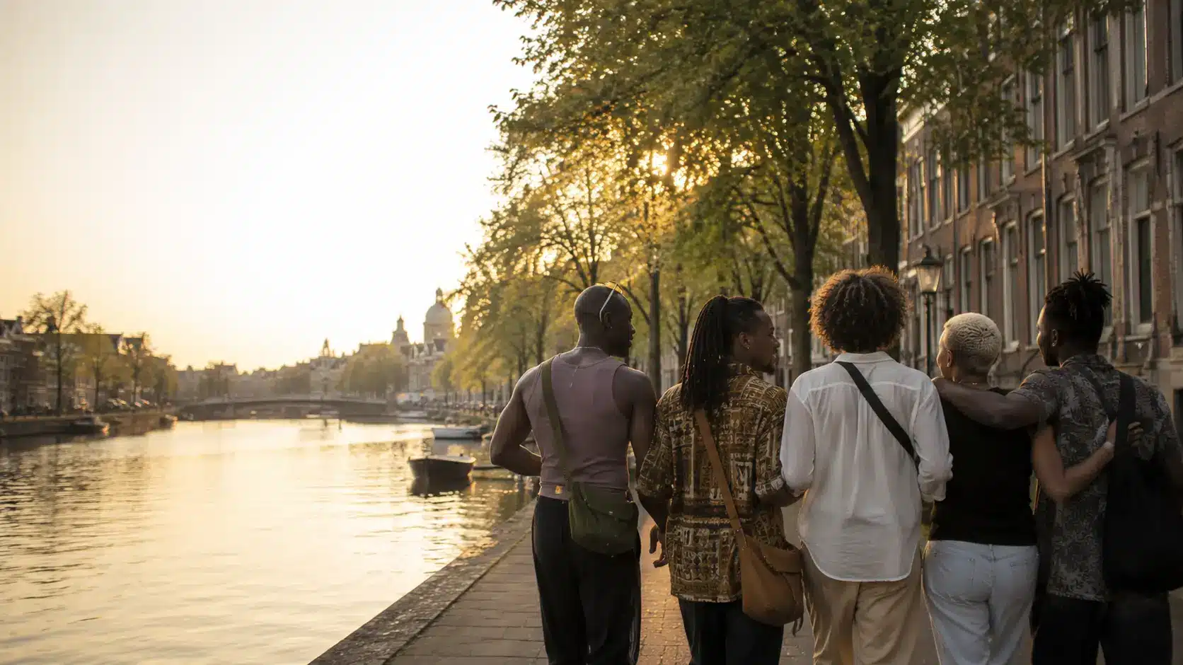A diverse group walks together beside an Amsterdam canal during golden hour with faces turned away.