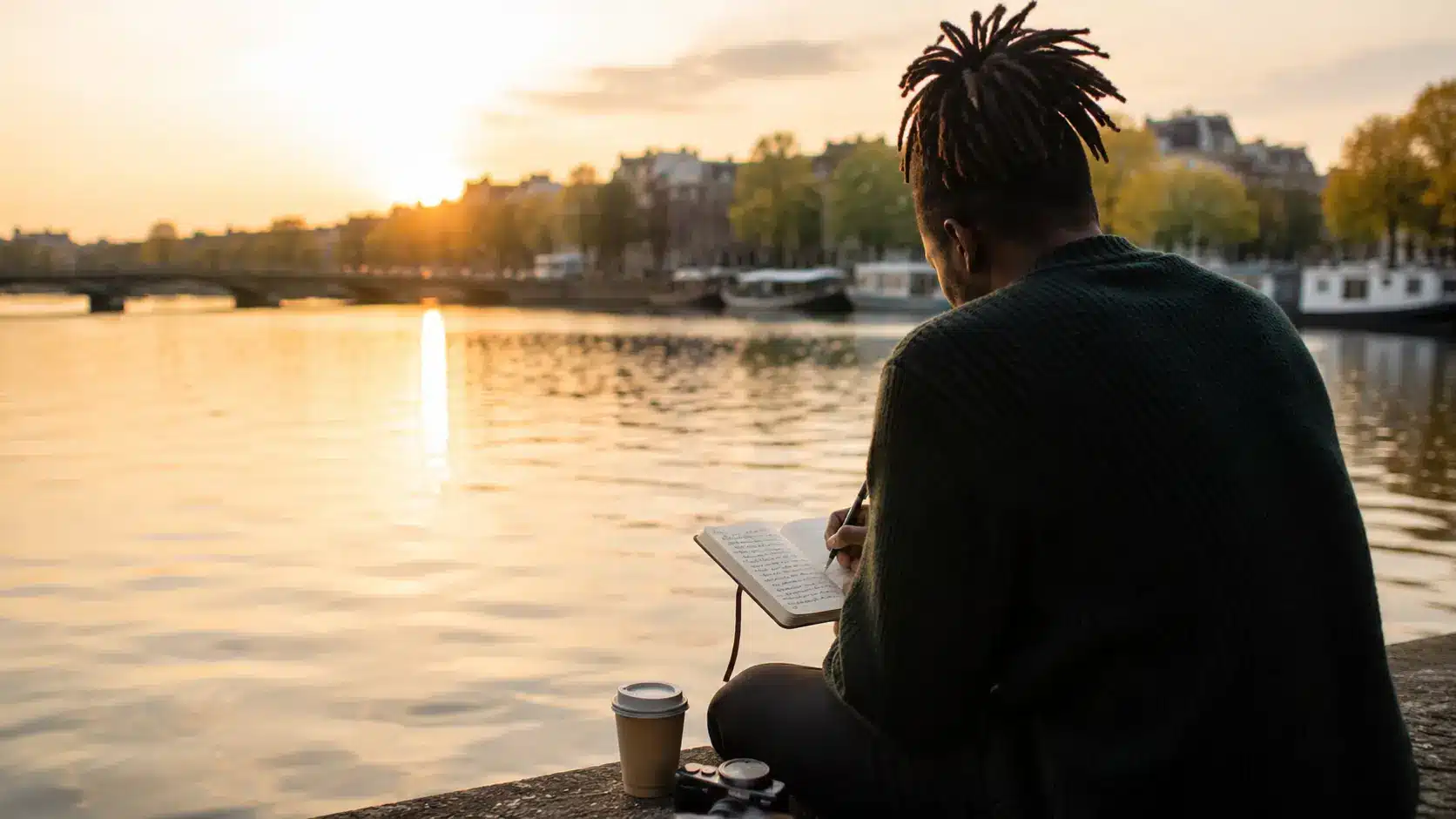 A person writes in a journal beside an Amsterdam canal at sunset with their face turned away.