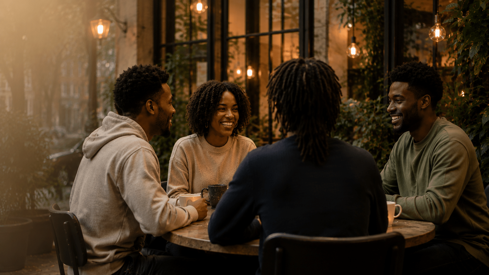 Four people stand close together outdoors in Amsterdam, laughing and talking during golden hour.