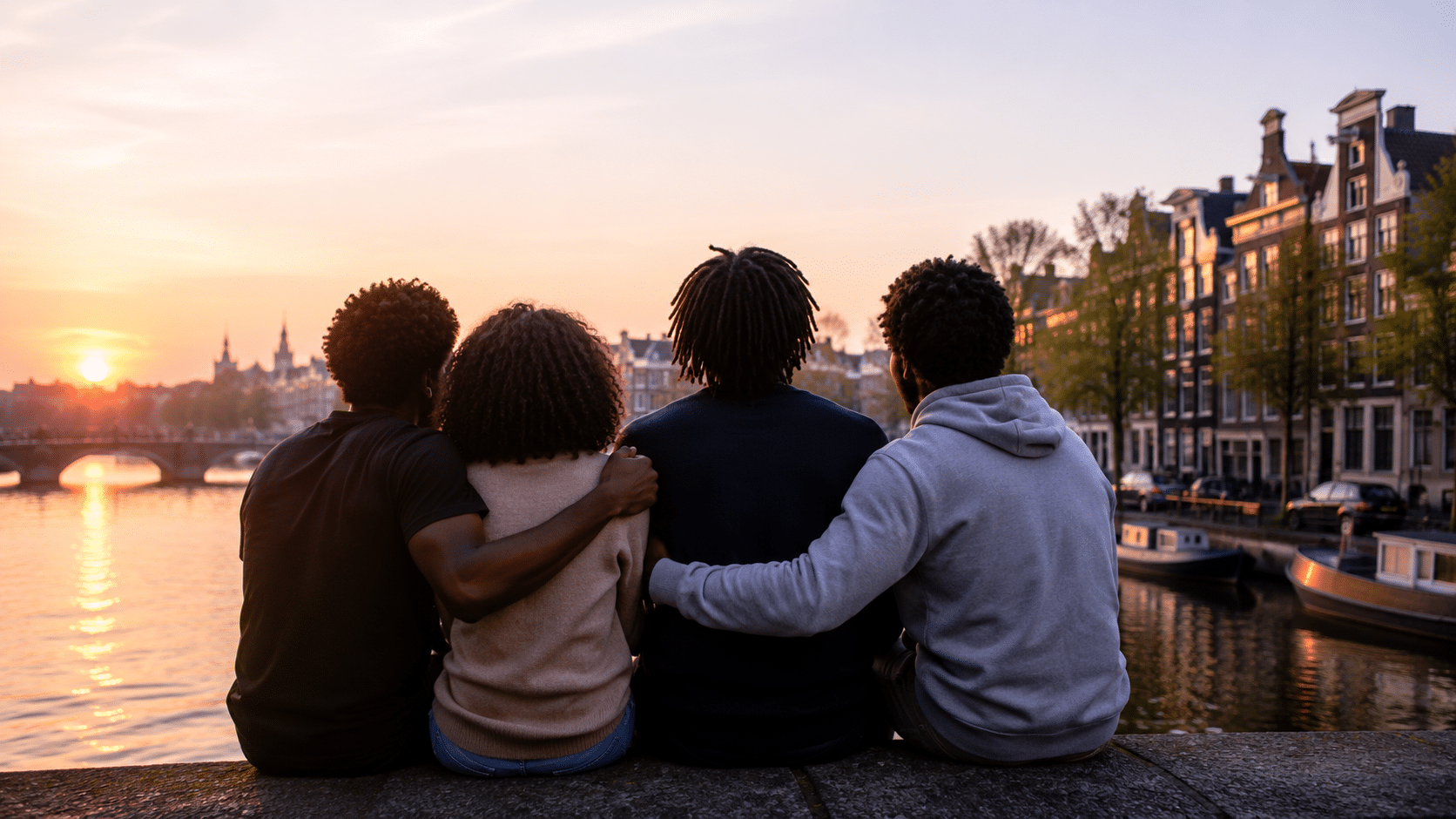 Four people sit together beside an Amsterdam canal at sunset with their arms around each other, viewed from behind.